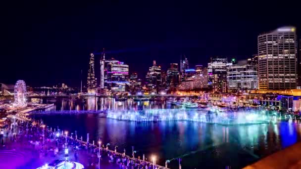 Wider Time Lapse Water Fountain Show Sydney Darling Harbour Vivid — 비디오