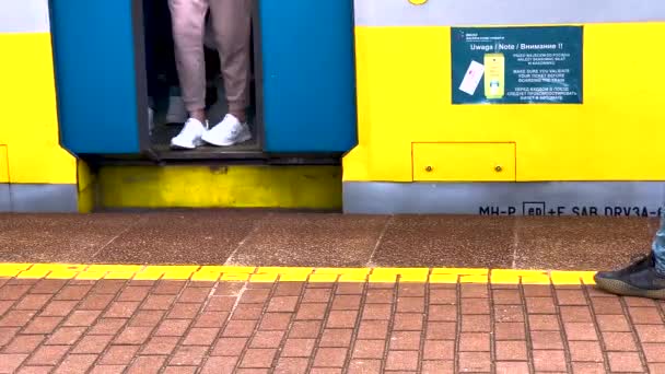 Legs Passengers Going Out Train Transit Station Crop — Vídeos de Stock