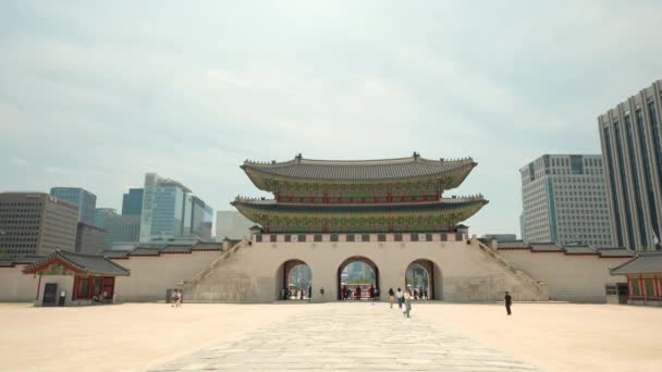 Vista Panorâmica Centro Seul Com Portão Gwanghwamun Grande Praça Palácio — Vídeo de Stock