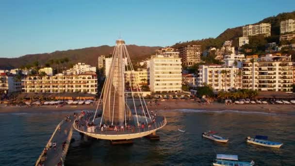 Por Sol Aéreo Muelle Playa Los Muertos Frente Horizonte Puerto — Vídeo de Stock