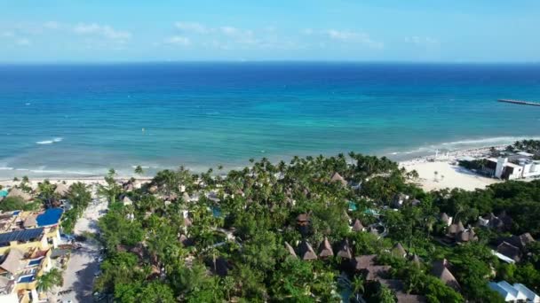 Тропический Белый Песок Береговая Линия Голубым Океаном Солнечный День Playa — стоковое видео