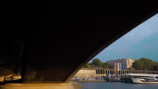 Eiffel Tower Seen Boat Emerging Bridge River Seine Paris France — 비디오