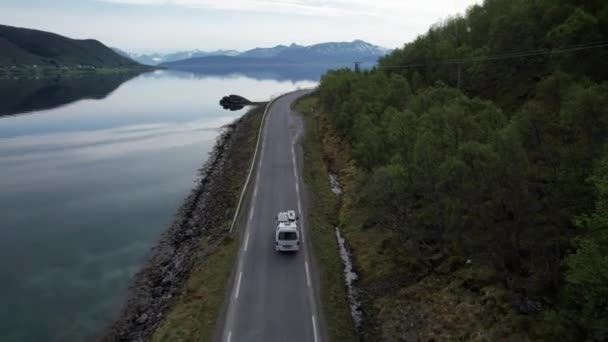 Shot Camper Van Stopping Norwegian Road Scenic View Northern Norway — Stock video
