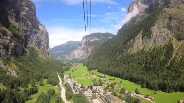 Gondola Ride Swiss Alps Grisons Valley Fir Treed Forest Gopro — Vídeo de Stock