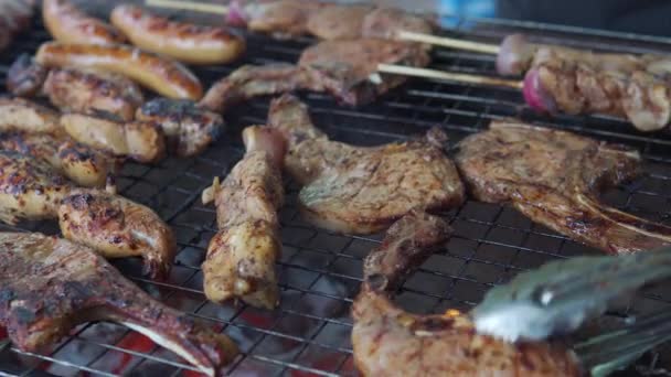 Cinematic Shot Grilled Beef Chicken Barbecue Gridiron Family Party — Vídeo de stock