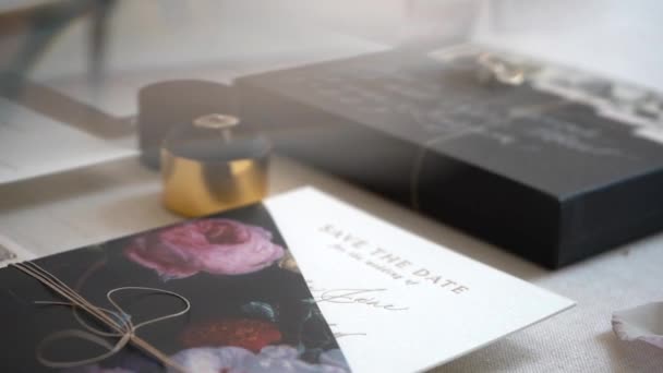 Displaying Day Cards Stationary Wedding Invitations Rings Other Special Keepsakes — Vídeo de stock