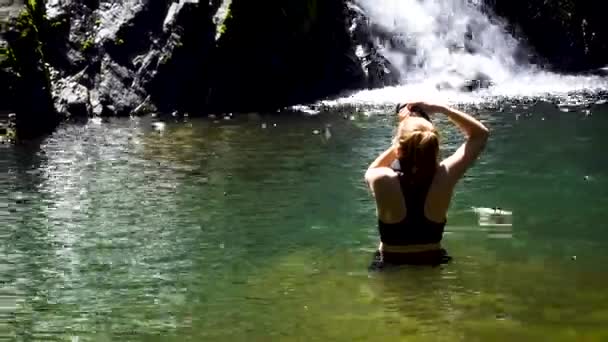 Female Tourist Taking Photo Waterfall Waist Deep Water Khao Sok — Stockvideo