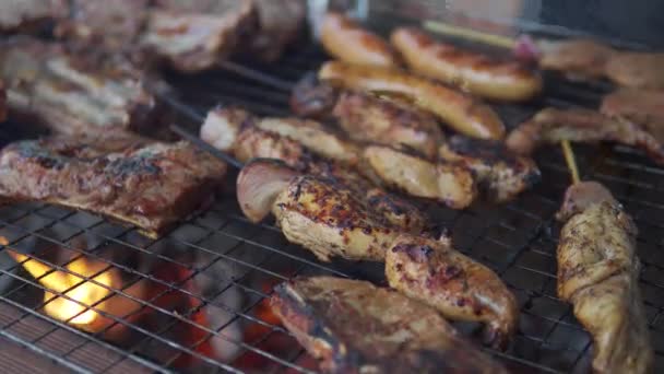Close Shot Smoked Meat Outdoor Barbecue Chef Putting Juicy Sausage — Stok video