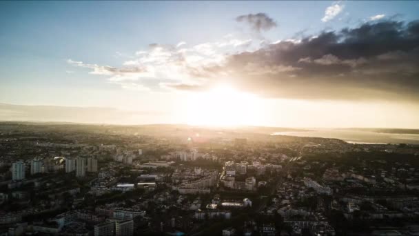 Cascais Skyline Aerial City Huge Sunrise Some Clouds Passing Timelapse — Video Stock