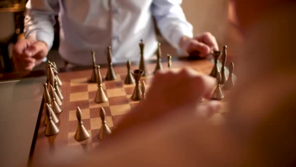 Two Men Shirt Playing Chess Luxury Chess Set Night — стоковое видео