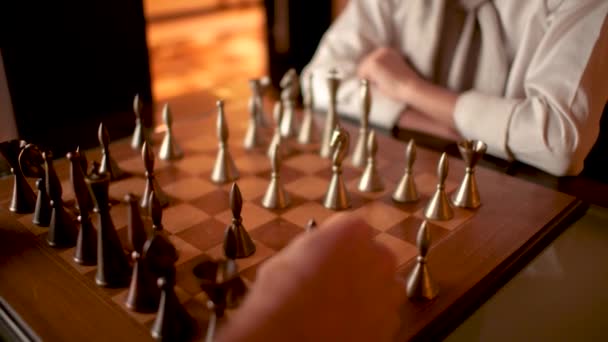 Two Men Shirt Playing Chess Luxury Chess Set — стоковое видео
