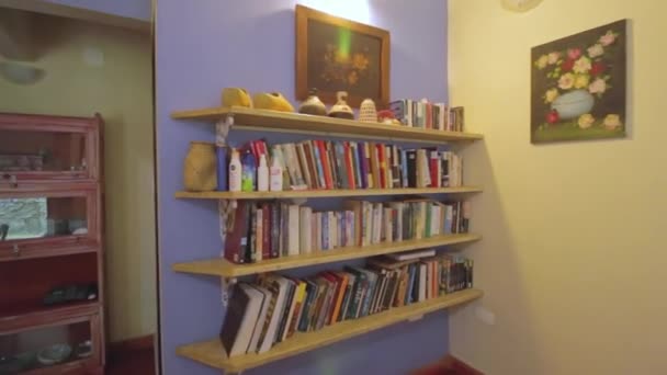 Revealing Shot Bookshelve Showing Very Comfortable Interior House Sea — ストック動画