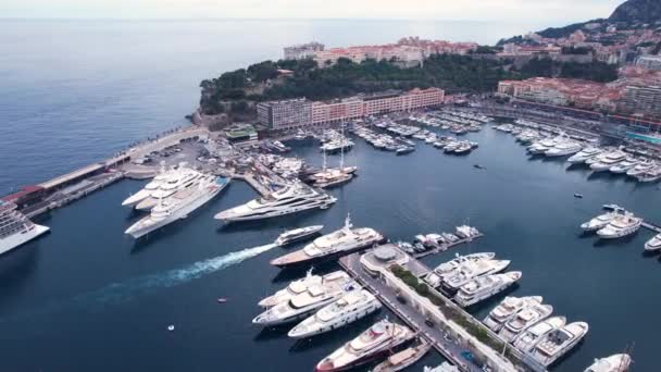 Port Monaco Monte Carlo Dronesikt Båter Yachter Havn – stockvideo