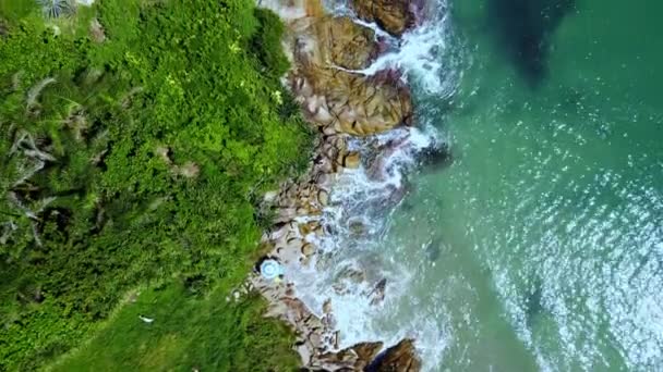 Aerial Top View Ocean Waves Reaching Beach Shore Drone Footage — Vídeo de Stock