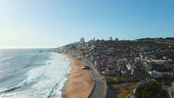 Aerial View Orbit Avenida Borgoo Coastline Traffic Reaca Cityscape Sunny — Stockvideo