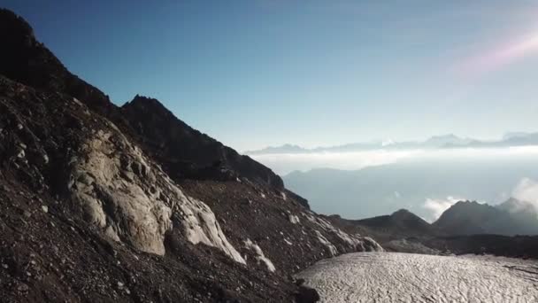 Drone Push Landscape Swiss Alps Sunrise Rocky Steep Mountains White — Stock Video