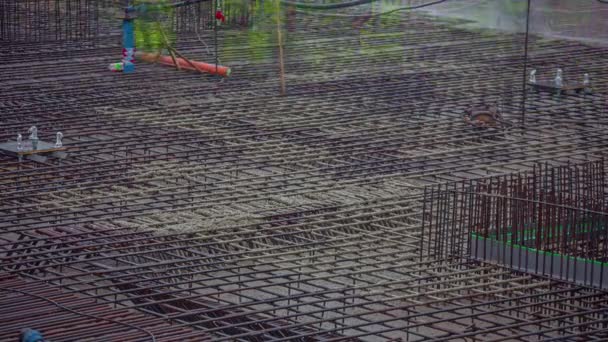 Overview Shot Big Construction Site Workers Pouring Cement Steel Rods — Video Stock