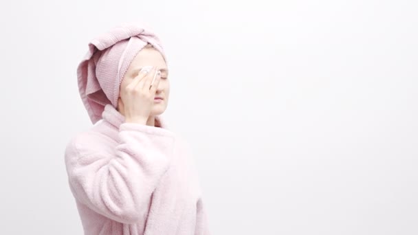 Young Woman Bathrobe Towel Her Head Cleaning Her Face Cotton — Stock Video