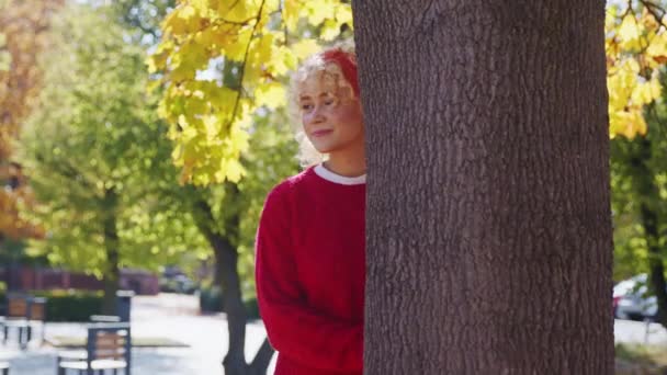 Застенчивая Блондинка Появляется Дерева Придает Форму Сердцу Руками Парке Осенью — стоковое видео