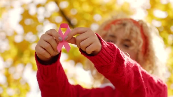 Pink October Breast Cancer Awareness Month Young Woman Holds Pink — Stock Video