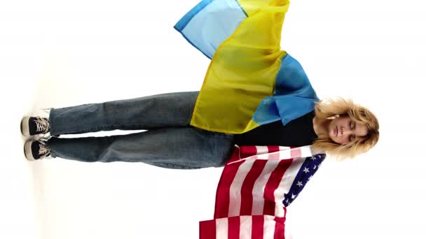 Young Woman Ukrainian American Flags Each Hand Hugging Herself War — Wideo stockowe