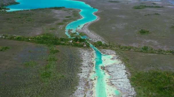 Panoramic View Tropical Turquoise Blue Bacalar Lagoon Mexico Aerial — Vídeos de Stock