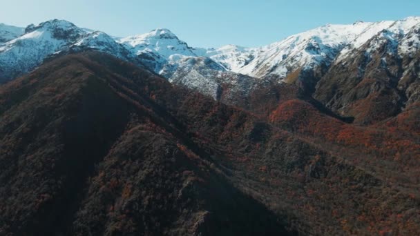 Aerial View Some Snowy Mountains Vegetation Autumn Colors Hillside — Video