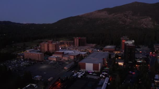 Wide Aerial Panning Shot Casinos Stateline Nevada Shores Lake Tahoe — Stockvideo