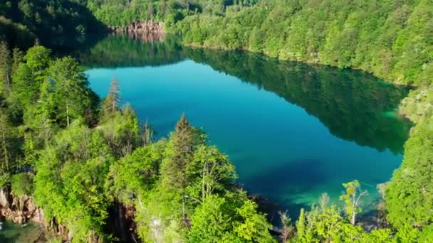 Aerial View Tranquil Lake Green Forest Waterfall Summer — Stockvideo