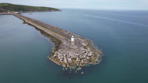 Lighthouse Fishguard Ferry Port Wales Drone Aerial View — Video Stock