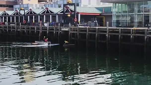 Two Men Attempting Capture Floating Salvage Boat — Αρχείο Βίντεο