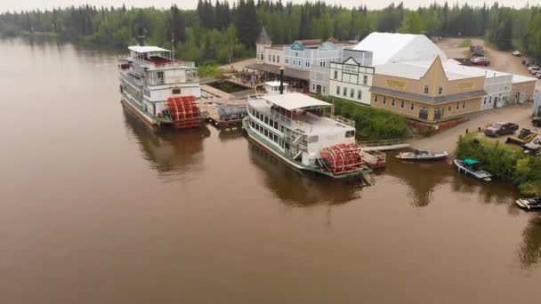 Drone Video Sternwheel Boats Dock Chena River Fairbanks Summer Day — Stok Video