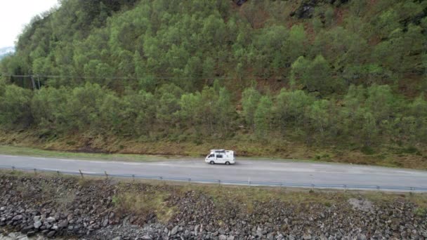 Aerial View Conversion Van Setting Trip Remote Road Fjord Grand — стоковое видео