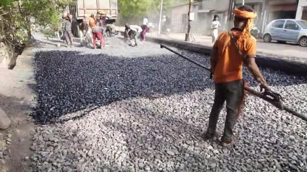 Closeup Video Shot Workers Arranging Asphalt Road Damar Road Constructions — Stockvideo