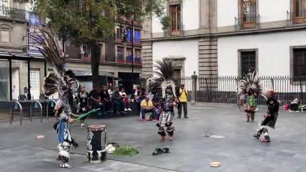 Slow Motion Shot Traditional Aztec Dance Zocalo Mexico City Downtown — Stockvideo