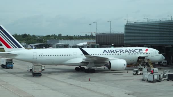 Static Shot Air France Plane Parked Gate Charles Gaulle Airport — Stock videók