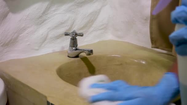 Housekeeping Clean Sink Bathroom Use Blue Gloves Covid Hygiene Concept — Vídeos de Stock