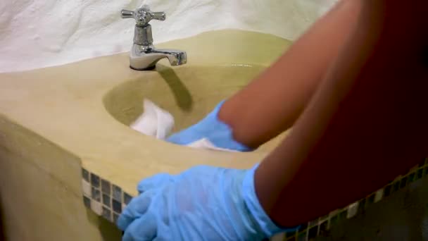 Maid Deep Clean Covid Disease Prevention Use Blue Gloves Spray — Vídeos de Stock
