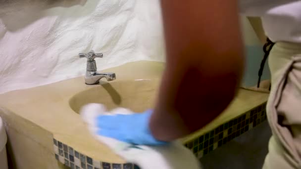 Woman Hands Clean Sink Use Blue Gloves Spraying Detergent Prevent — Wideo stockowe