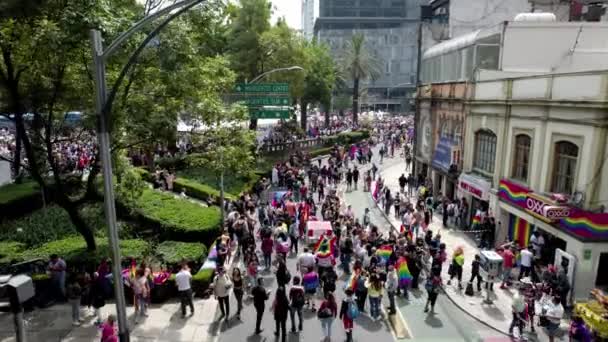 Aerial Drone Shot Pride Parade Showing People Gay Flags Backs — Video Stock