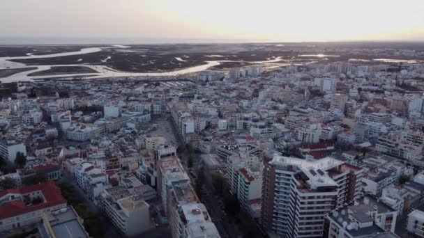 Faro City Ria Formosa Lagoon Sunset Aerial View Forward Flight — Video Stock