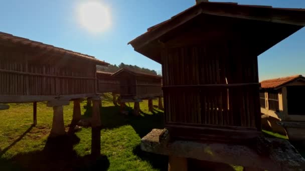 Largest Set Spanish Granaries Merca Ourense Galicia Sideways Dolly — Αρχείο Βίντεο