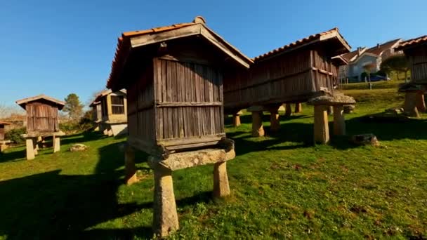 Traditional Granaries Merca Ouresence Spain Circle Pan Day — Stockvideo