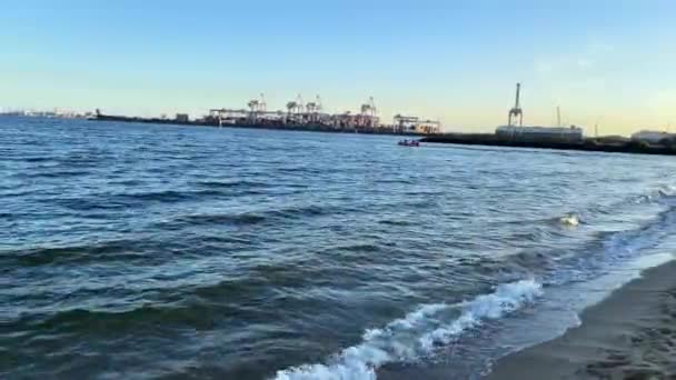 Small Boat Moves Ocean Port Melbourne Docks Backdrop — Stockvideo