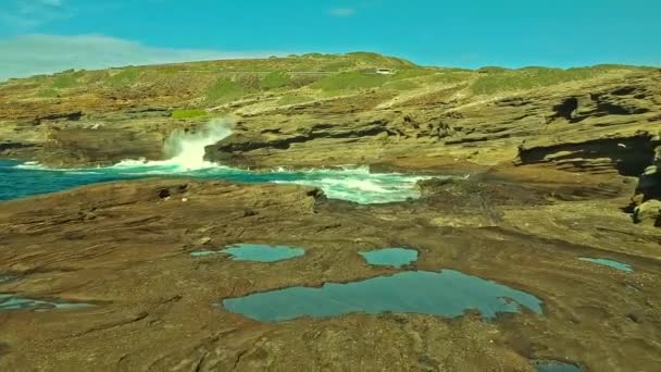 Aerial View Crashing Waves Rocky Coast Halona Beach — Vídeo de Stock