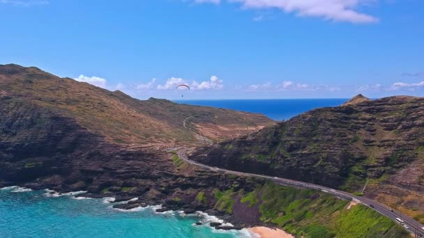 Aerial View Paraglider Sailing Rocky Coastline Makapuu — ストック動画