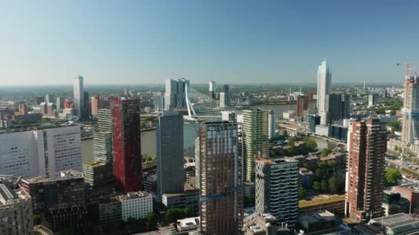 High Rise Office Hotel Buildings Rotterdam Netherlands Aerial Pullback — Video