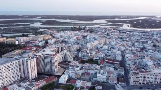 City Faro Algarve Coast Portugal Air Drone Shot — стокове відео