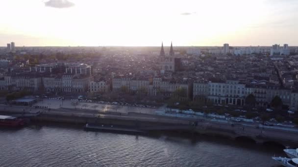 French City Bordeaux Garonne River Sunrise Aerial Drone Shot — Wideo stockowe