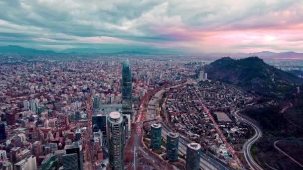 Dolly Aerial View Business Center Santiago Chile Cloudy Sunset Rain — Stockvideo